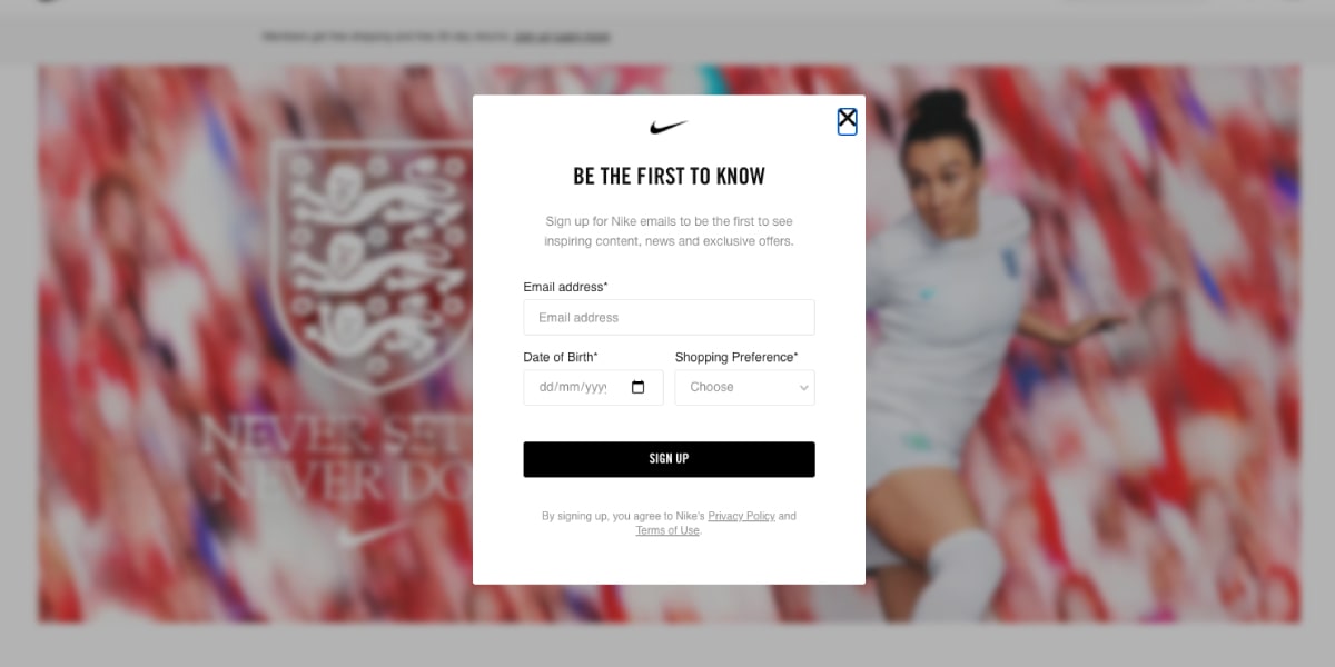Nike Email Sign Up Exit Intent PopUp