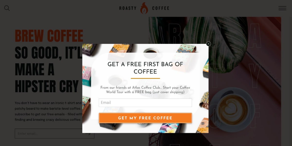 Roasty Coffee Email Sign Up PopUp Example