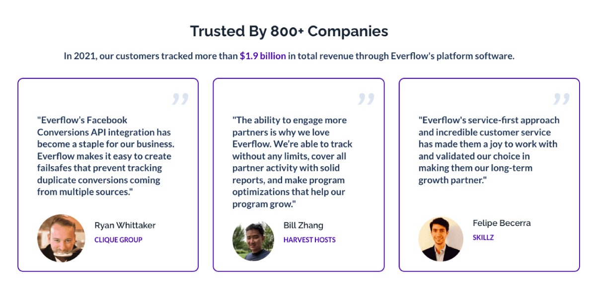 Everflow Landing Page Testimonials Example