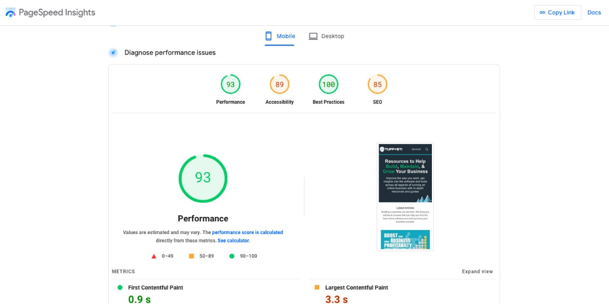 TuffYeti Google PageSpeed Insights