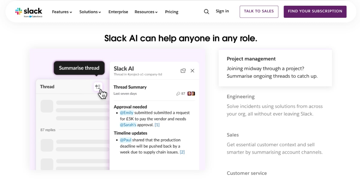 Slack Ai for Project Mangaement, Sales, Customer Service & More