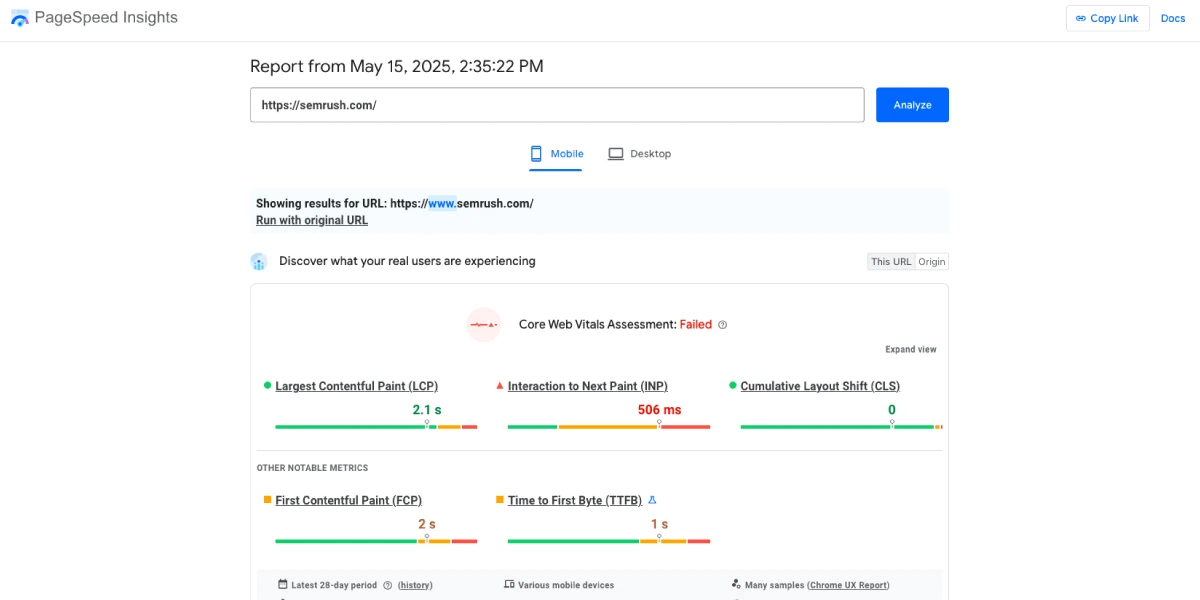 SEMRush PageSpeed Insights Example